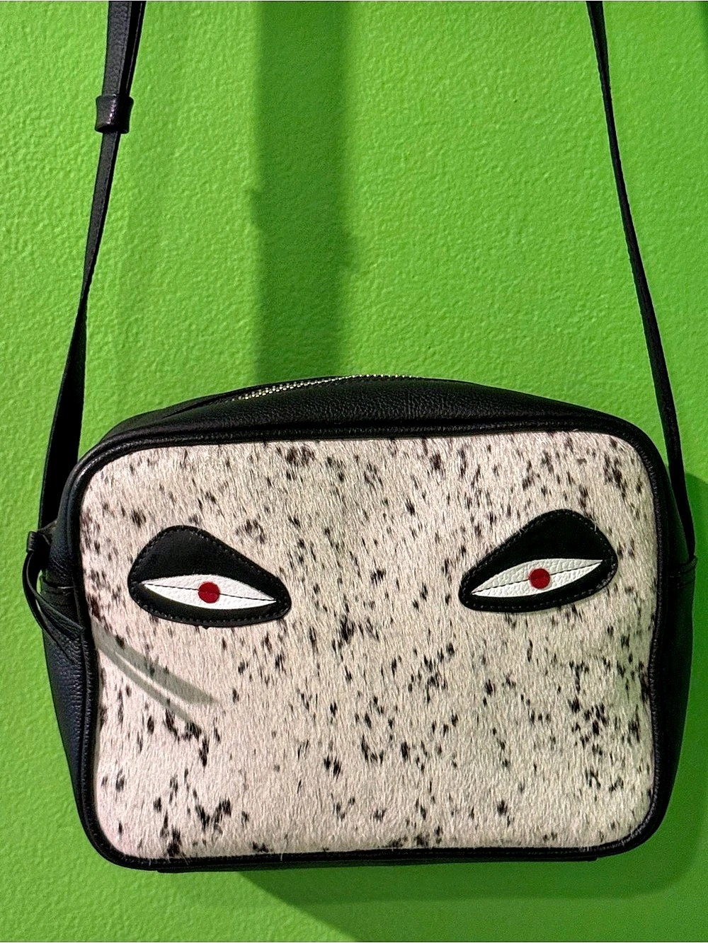 MIN & MON Leather/Fur Small Crossbody Bag Eye Print Black & White